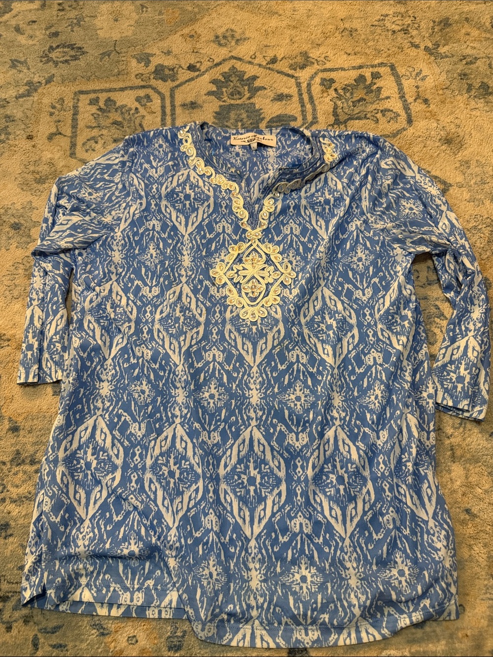 Blue Ikat-Patterned Women's Kurta Top with Embroidered Neck